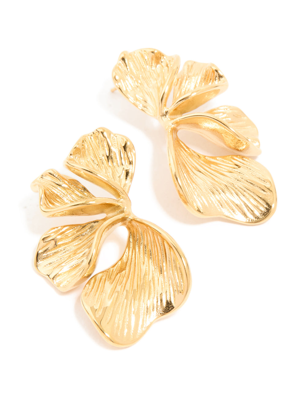 Showcasing waterproof gold plated stainless steel ribbed petal stud earrings featuring floral design front view