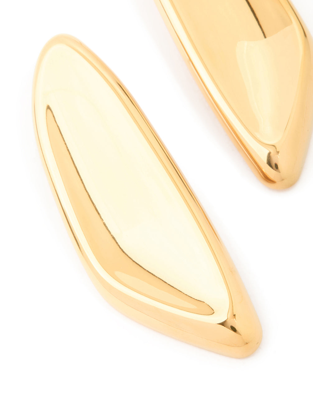 Highlighting waterproof stainless steel shield stud earrings in gold plated finish close up view