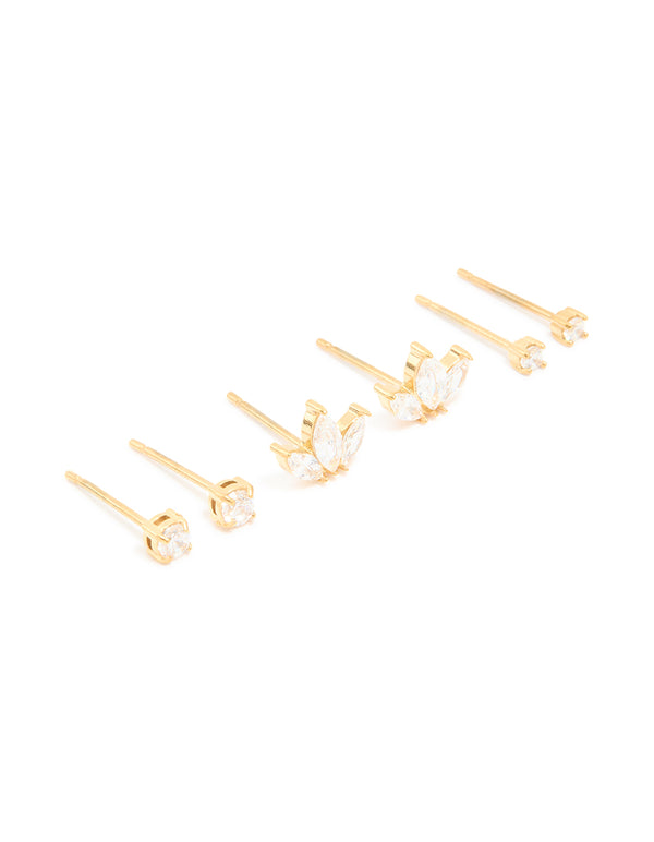 Waterproof Gold Plated Stainless Steel Cubic Zirconia Mixed Shaped Stud Earrings 3-Pack