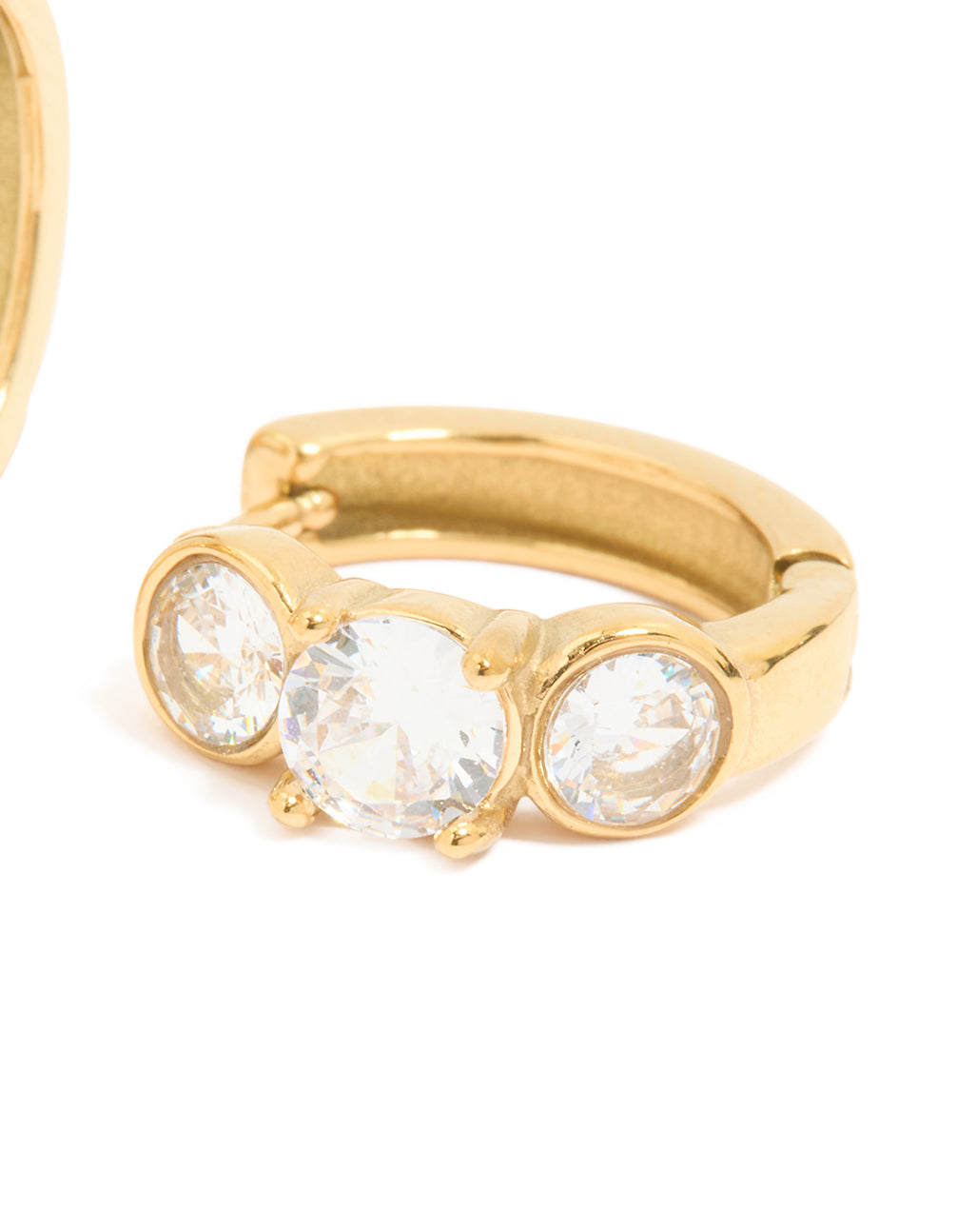 Highlighting waterproof gold plated stainless steel cubic zirconia stone set huggie earrings post detail view