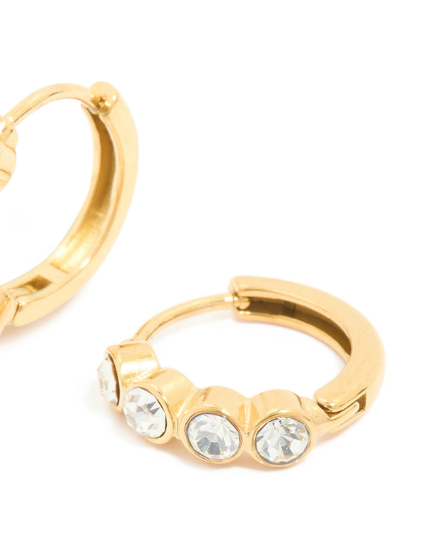 Waterproof Gold Plated Stainless Steel Cubic Zirconia Bezel Huggie Earrings