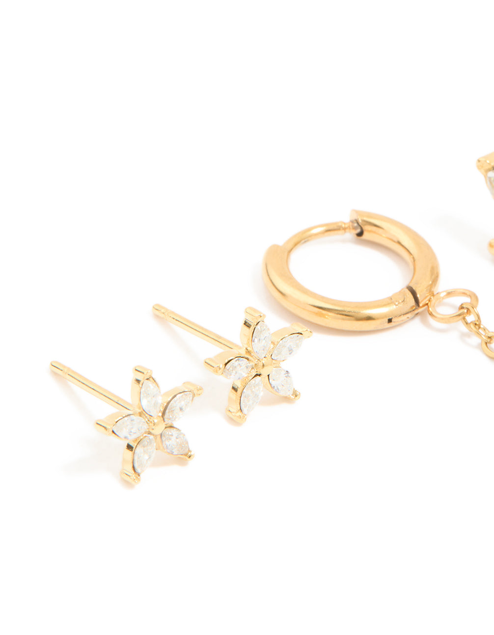 Featuring waterproof gold plated stainless steel cubic zirconia flower hoop chain and ear stackers in a 2-pack close up view