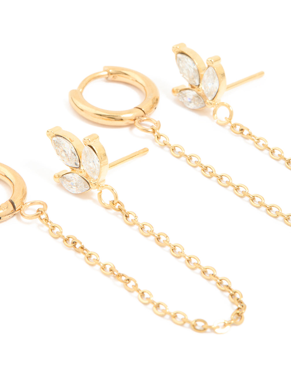 Designed with waterproof gold plated stainless steel cubic zirconia flower hoop chain and ear stackers in a 2-pack showing detailed post detail view