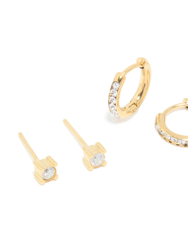 Waterproof Gold Plated Stainless Steel Cubic Zirconia Simple Stud & Huggie Earrings 3-Pack
