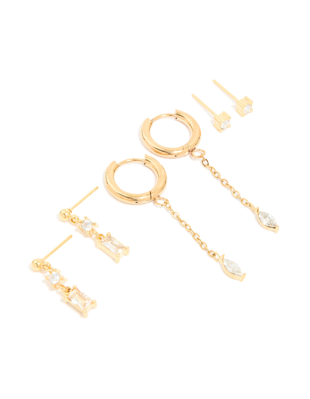 Discover waterproof gold plated stainless steel cubic zirconia chain and studs ear stacking pack earrings front view
