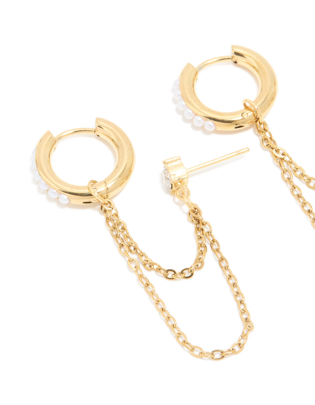 Beautifully designed waterproof chain and huggie earrings pack crafted from gold plated stainless steel featuring pearl and cubic zirconia accents close up view