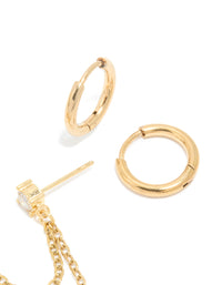 Waterproof Gold Plated Stainless Steel Pearl Cubic Zirconia Chain & Huggie Earrings Pack - link has visual effect only