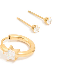 Waterproof Gold Plated Stainless Steel Cubic Zirconia Huggie & Stud Earrings 3-Pack - link has visual effect only