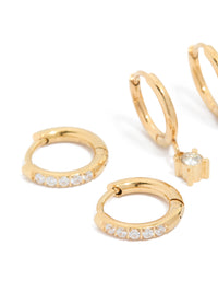 Waterproof Gold Plated Stainless Steel Diamante Earrings 3-Pack - link has visual effect only