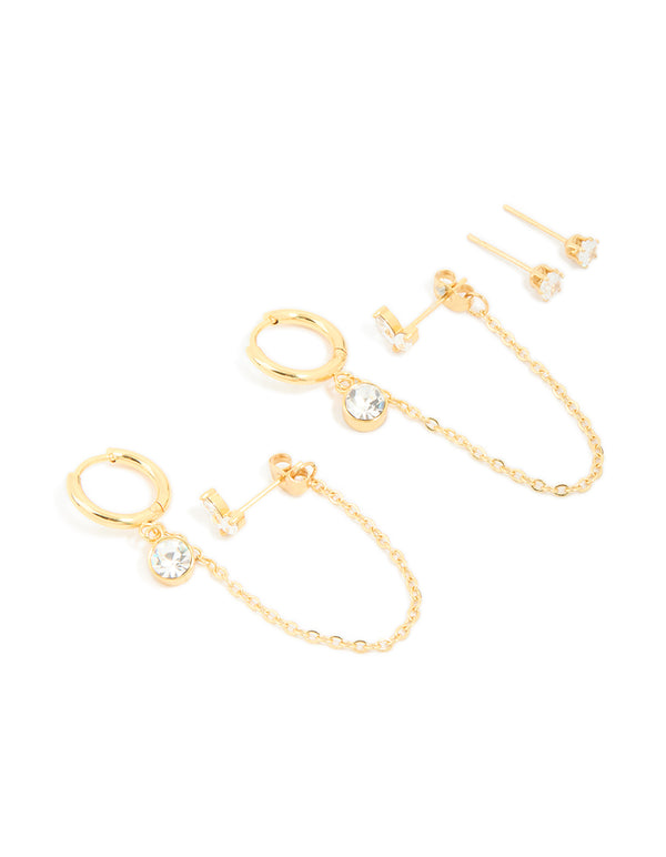 Waterproof Gold Plated Stainless Steel Cubic Zirconia Mixed Earrings 2-Pack