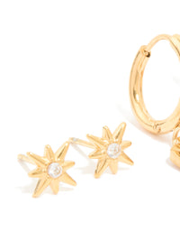 Waterproof Gold Plated Stainless Steel Cubic Zirconia Star Disc & Huggie Earrings 3-Pack - link has visual effect only