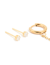 Waterproof Gold Plated Stainless Steel Diamante Stud & Chain Earrings 3-Pack - link has visual effect only
