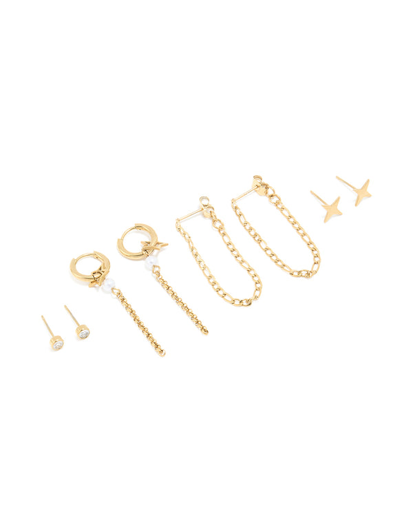 Waterproof Gold Plated Stainless Steel Star Chain & Stud Earrings 4-Pack
