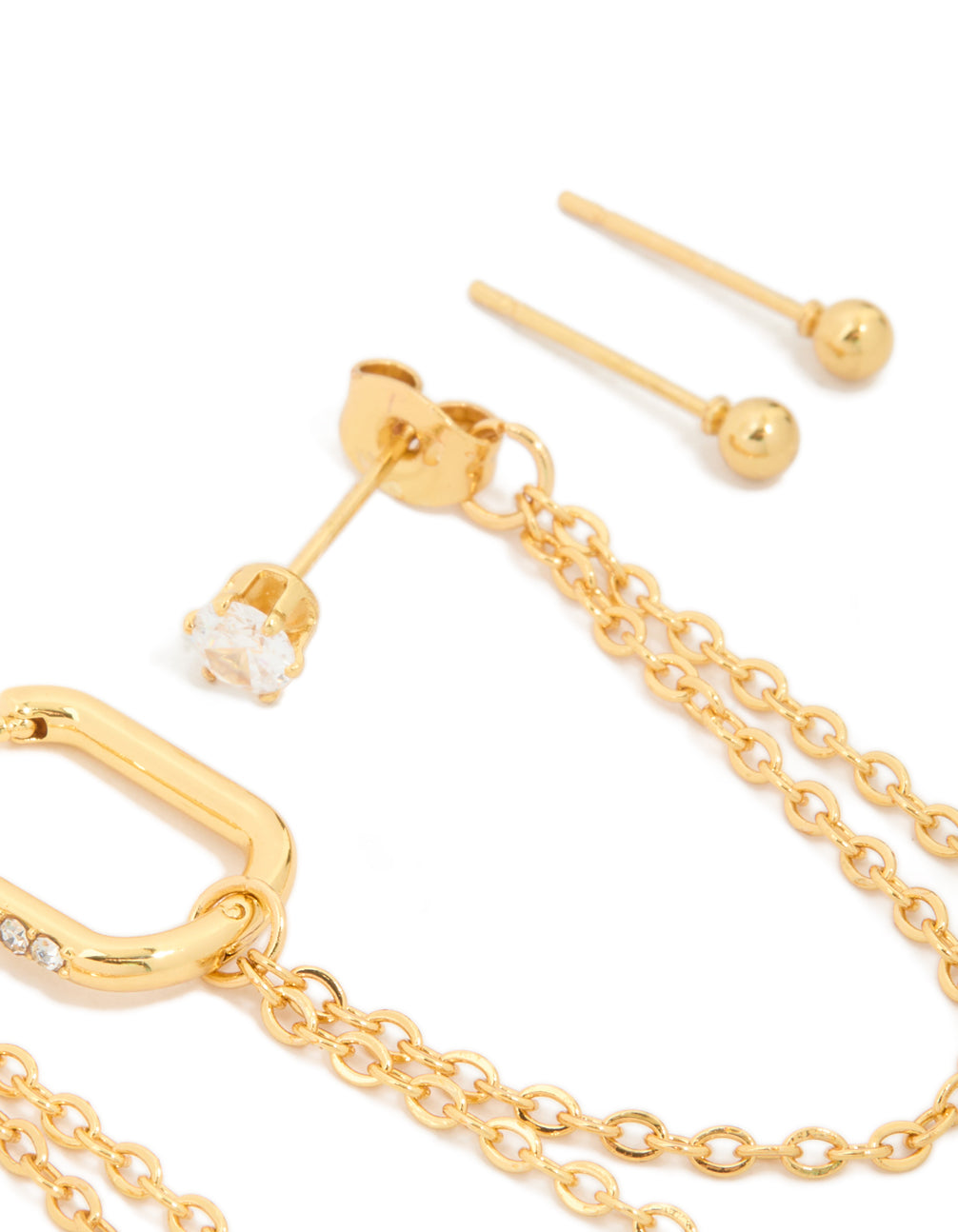 Showcasing waterproof gold plated stainless steel cubic zirconia mix earrings in a 3-pack with huggie and stud closures post detail view