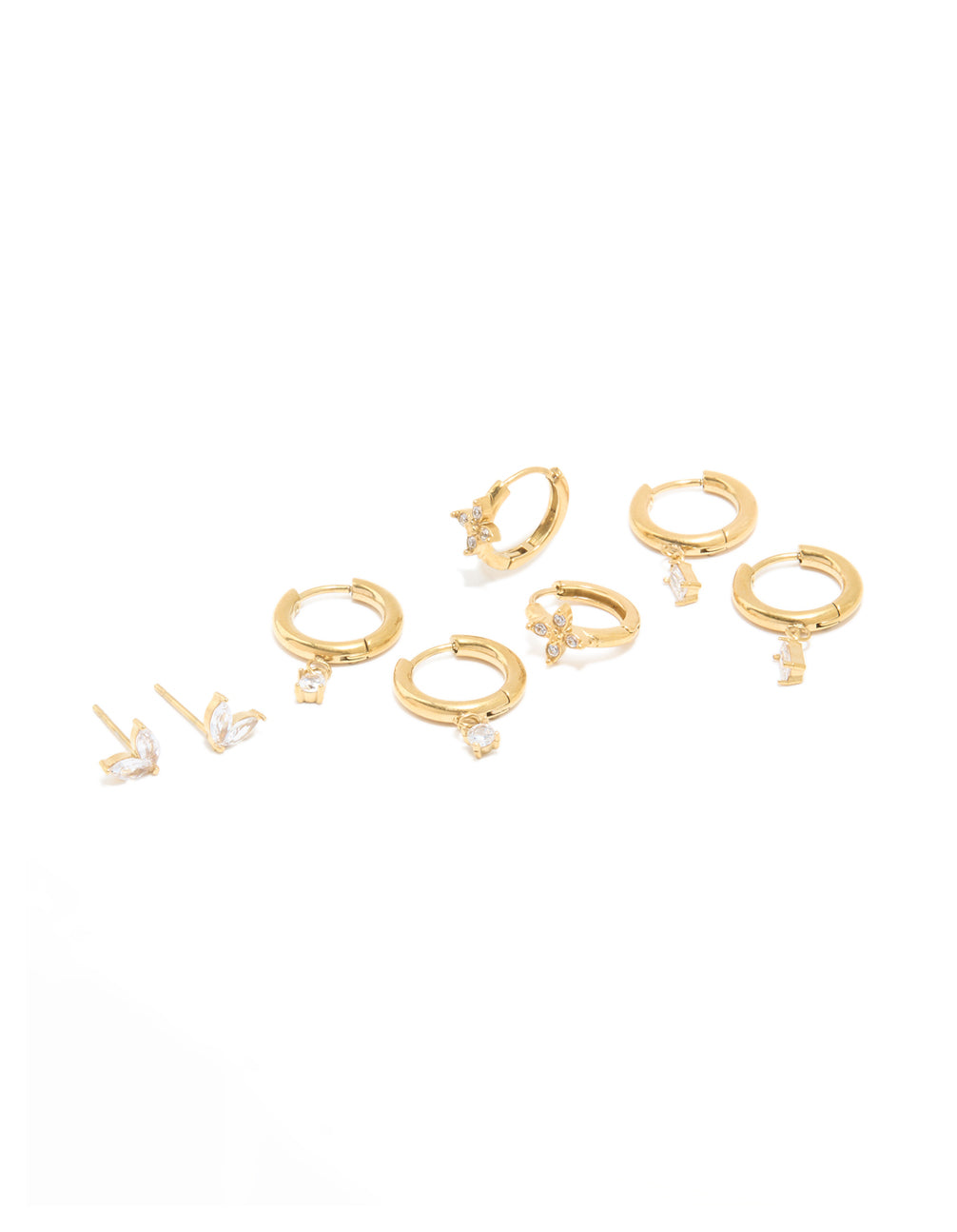 Showcasing a waterproof gold plated stainless steel cubic zirconia huggie and stud earrings set featuring butterfly charm with baguette stone cut front view