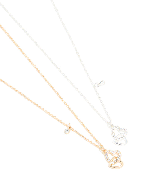 Mixed Metals Diamante Interlocking Heart Necklaces 2-Pack