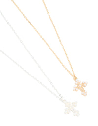 Mixed Metals Pearl Gothic Cross Necklaces 2-Pack - link has visual effect only