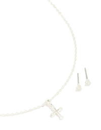 Silver Cubic Zirconia Cross Necklace & Classic Stud Earrings Set - link has visual effect only