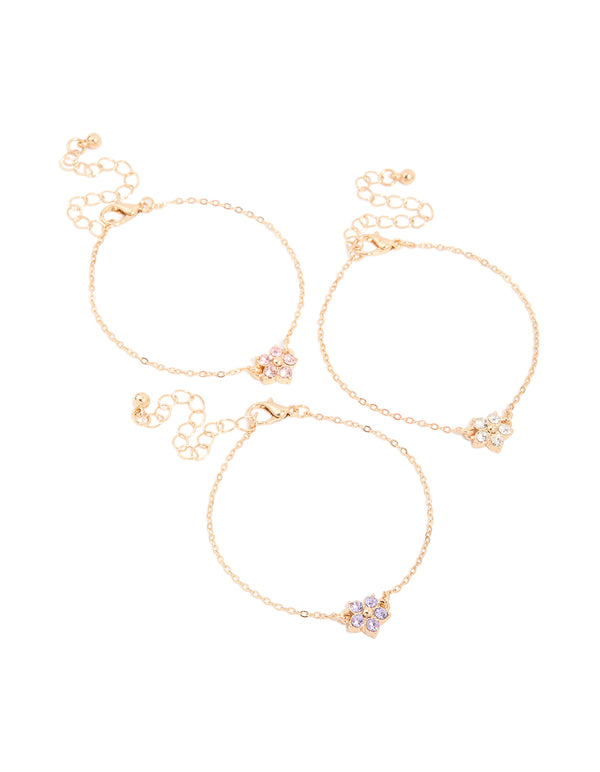 Gold Diamante Flowers Bracelet 3-Pack