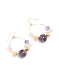 Gold Pearl Marbled Purple Beaded Drop Earrings - link has visual effect only
