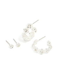 Silver Diamante Flower Hoop & Classic Stud Earrings 2-Pack - link has visual effect only