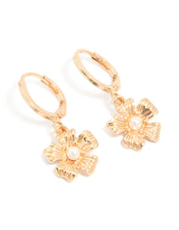 Gold Pearl Floral Drop Huggie Earrings - link has visual effect only