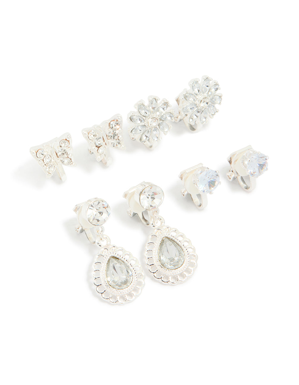 Silver Diamante Clip On Earrings 4-Pack