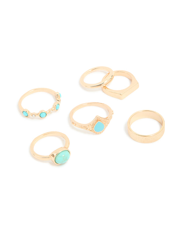 Gold Blue Stone & Band Rings 6-Pack
