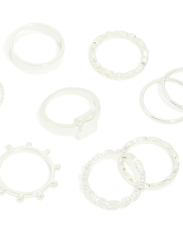 Silver Textured Signet Rings 10-Pack