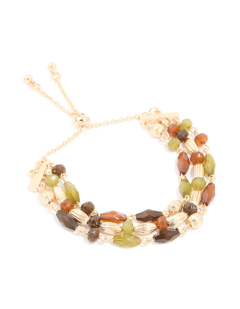 Gold Green & Brown Beaded Triple Layered Toggle Bracelet