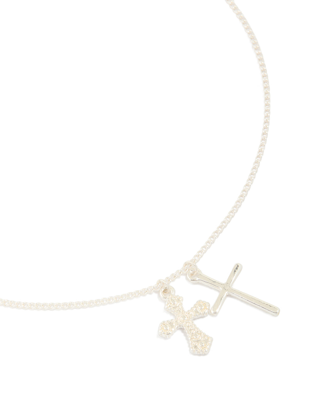 Silver Diamante & Smooth Double Cross Charm Necklace