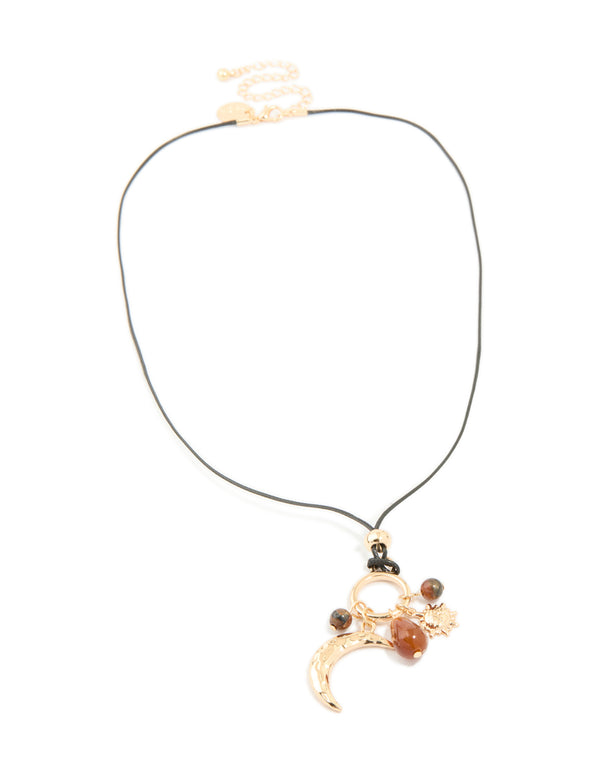 Gold Brown Beaded & Moon Black Cord Necklace