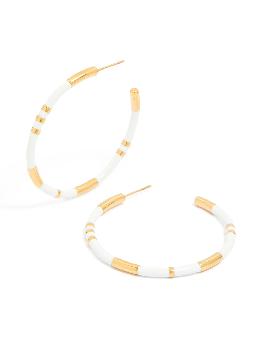 Showcasing waterproof statement hoop earrings crafted from stainless steel with enamel in white and gold plated finish front view