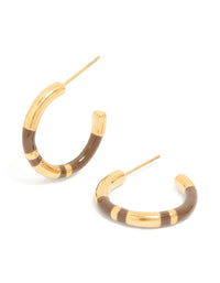 Waterproof Gold Plated Stainless Steel Small Brown Enamel Stripe Hoop Earrings - link has visual effect only