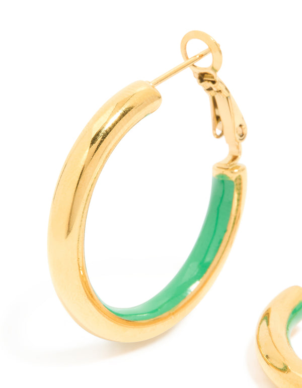 Waterproof Gold Plated Stainless Steel Half Green Enamel Hoop Earrings