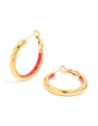 Waterproof Gold Plated Stainless Steel Half Red Enamel Hoop Earrings - link has visual effect only