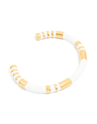 Waterproof Gold Plated Stainless Steel Stripe White Enamel Wrist Cuff - link has visual effect only