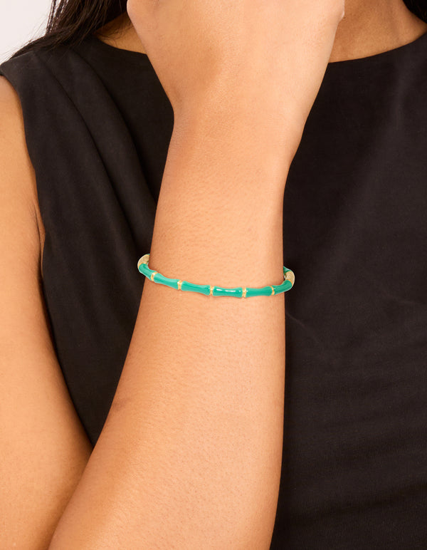 Waterproof Gold Plated Stainless Steel Green Enamel Bamboo Bangle