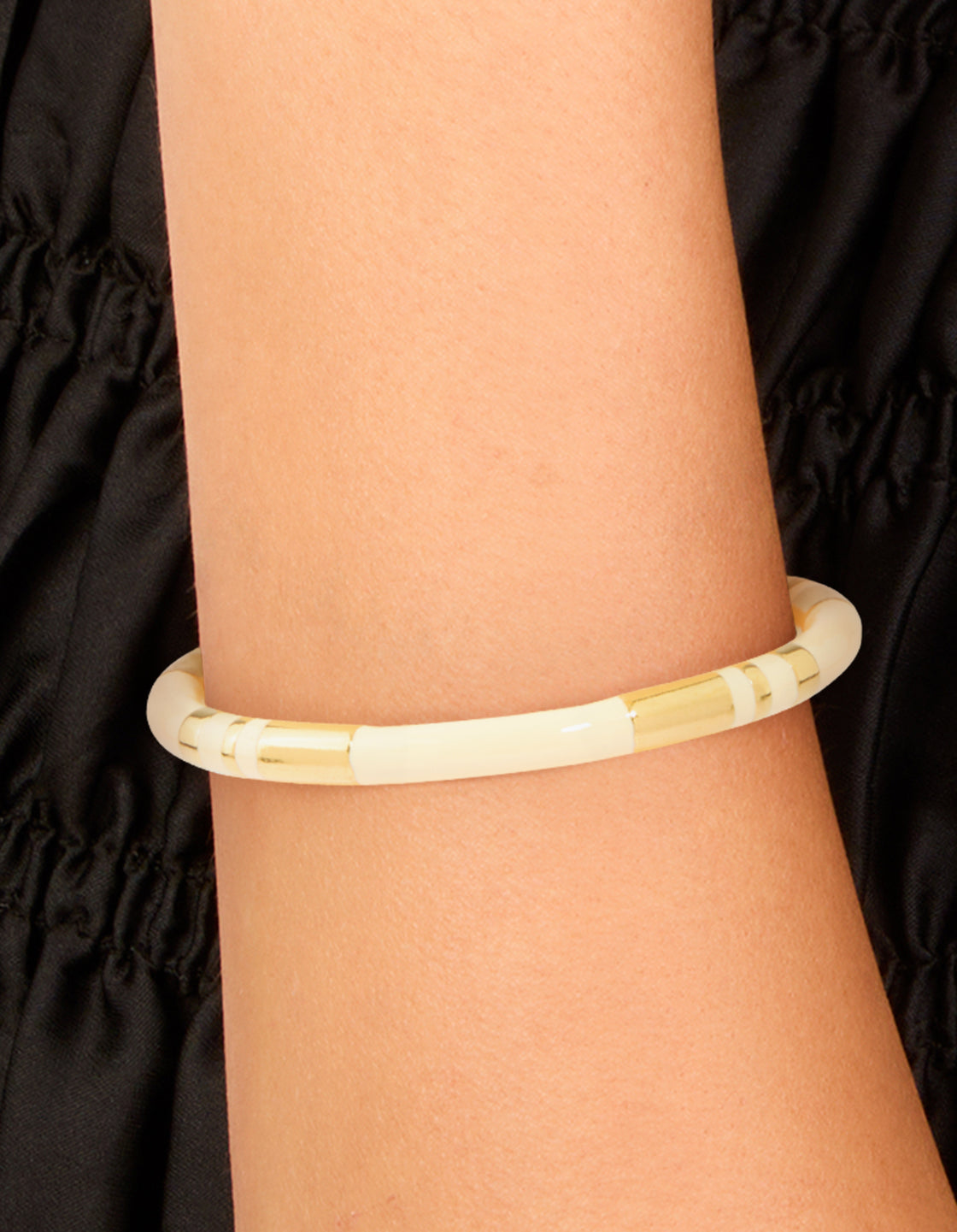 Waterproof Gold Plated Stainless Steel Neutral Toned Enamel Striped Wrist Cuff