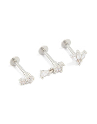 Surgical Steel Cubic Zirconia Flower Flat Back Earrings 3-Pack - link has visual effect only