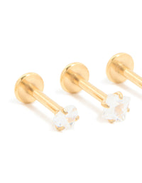 Gold Plated Surgical Steel Cubic Zirconia Flat Back Earrings 3-Pack - link has visual effect only