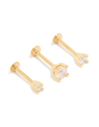 Gold Plated Surgical Steel Cubic Zirconia Flat Back Studs 3-Pack - link has visual effect only