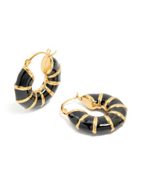 Waterproof Gold Plated Stainless Steel Black Enamel Bamboo Hoop Earrings - link has visual effect only