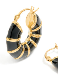 Waterproof Gold Plated Stainless Steel Black Enamel Bamboo Hoop Earrings - link has visual effect only