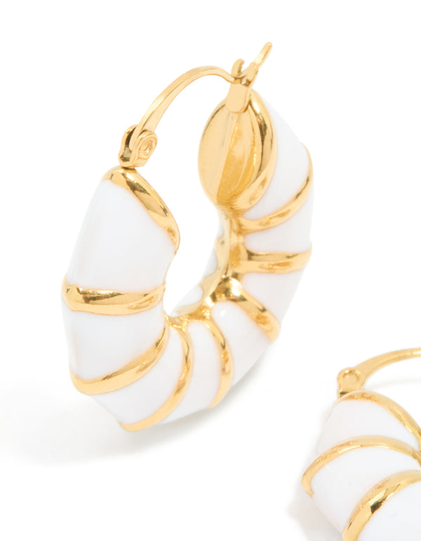 Waterproof Gold Plated Stainless Steel Bamboo White Enamel Huggie Earrings
