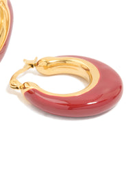 Waterproof Gold Plated Stainless Steel Long Red Enamel Hoop Earrings - link has visual effect only