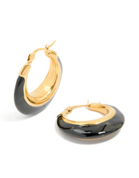 Waterproof Gold Plated Stainless Steel Black Enamel Short Hoop Earrings - link has visual effect only