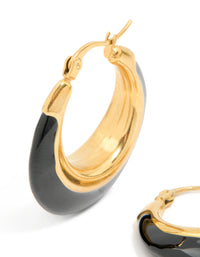 Waterproof Gold Plated Stainless Steel Black Enamel Short Hoop Earrings - link has visual effect only
