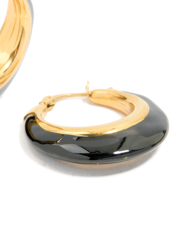 Waterproof Gold Plated Stainless Steel Black Enamel Short Hoop Earrings