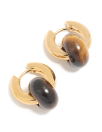 Waterproof Gold Plated Stainless Steel Tiger's Eye Semi Precious Stone Dainty Huggie Earrings - link has visual effect only